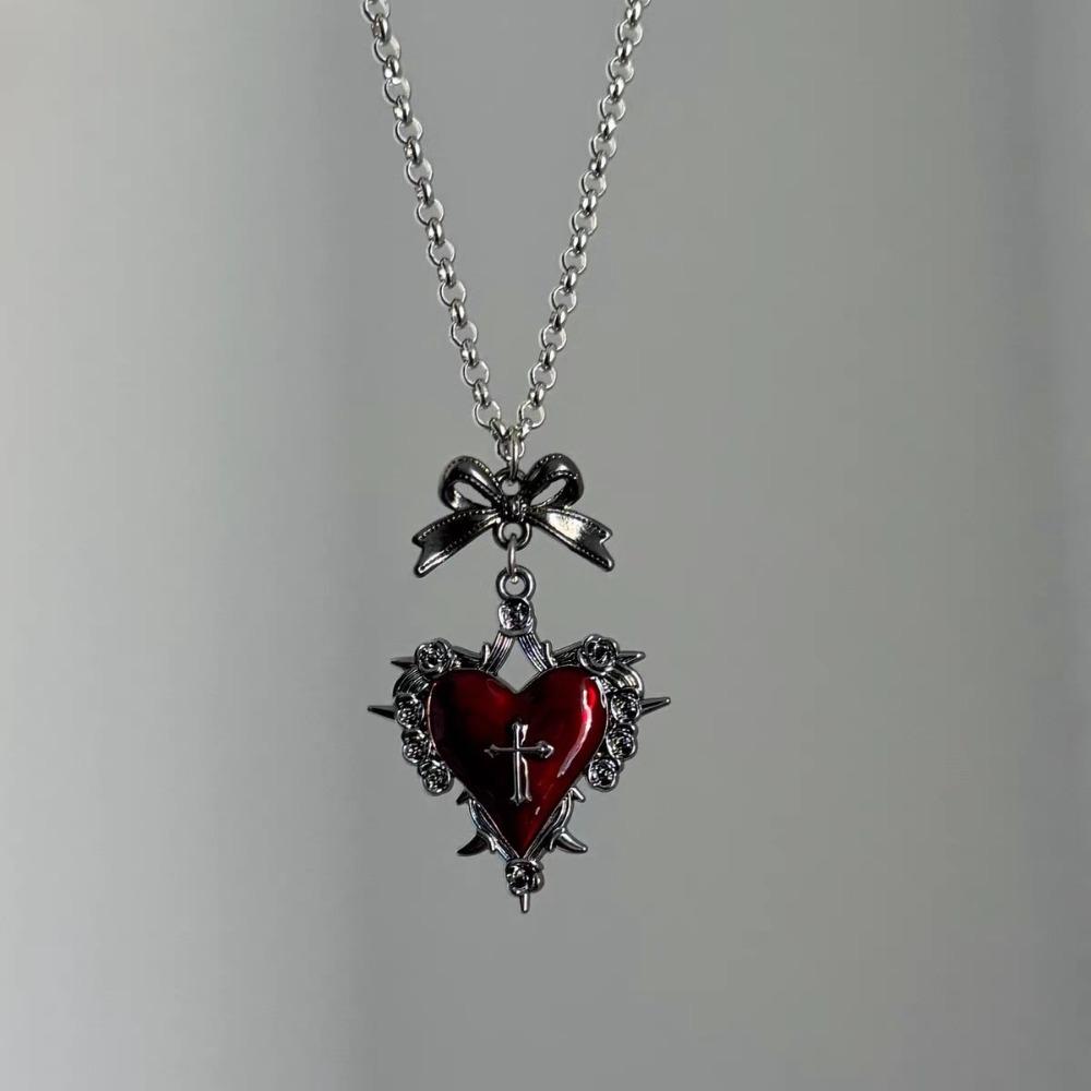 Y2k Subculture Bow Tie Red Purple Heart-shaped Rose Lace Thorns Cross Pendant Necklace for Women Hallowmas Gothic Jewelry Gifts