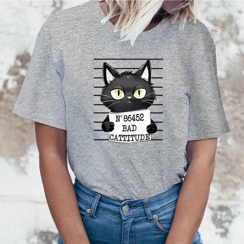 Bad Cattitude Cat T-Shirts For Women Summer Tee Shirt Femme Casual Short Sleeve Round Neck Tops T-Shirts