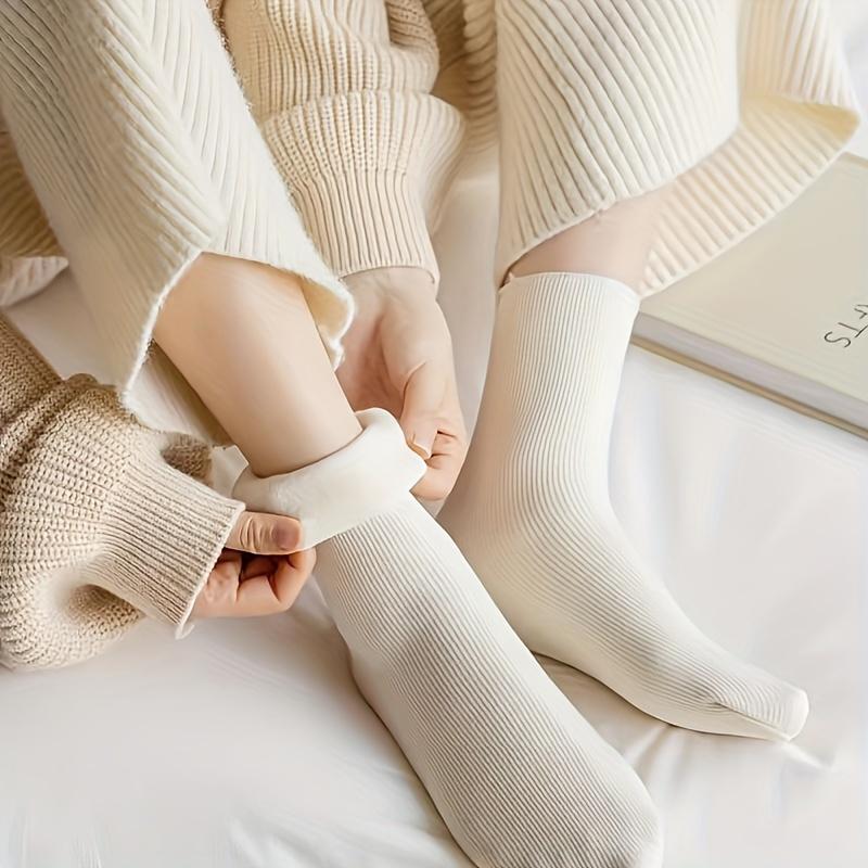 Women'S Plus Size Knee-Length Socks - Polyester Knit Fabric, Fleece-Lined, Solid Color, Warm