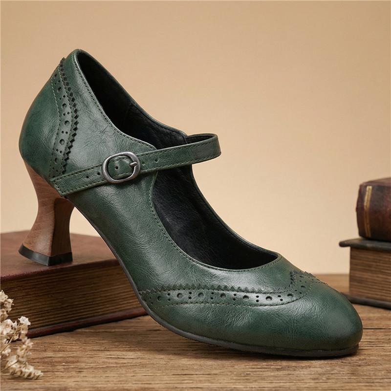 Dames hoge hakken lente en zomer nieuwe dunne hak retro gesp lichte mond enkele schoenen grote maat lage schoenen