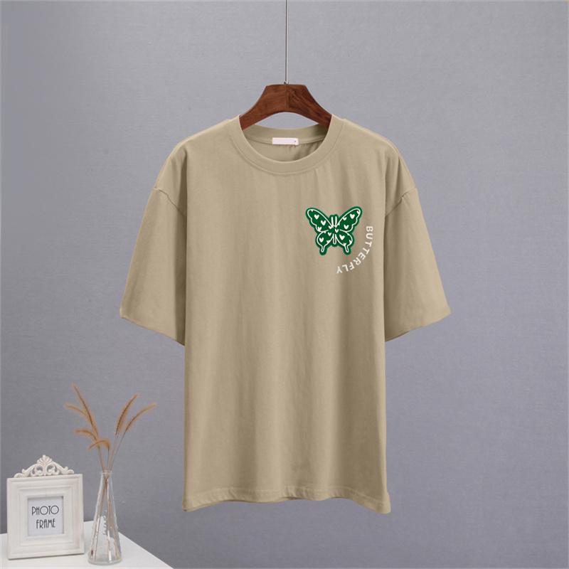 Shellsuning Sommer Baumwolle O Neck T Shirts Frauen Schöne Schmetterling Kurzarm 3D Brief Drucken Tees Lose Weiche Grundlegende Weibliche tops