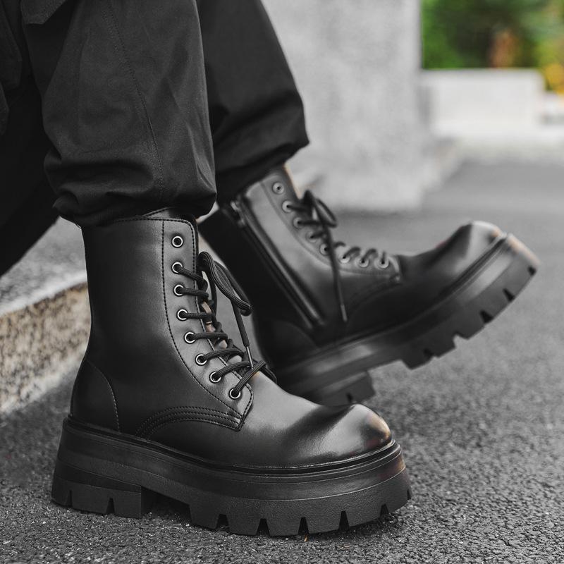 Herrenmode hohe Motorradstiefel Schnür-Plateauschuhe Punkrock Kleid echtes Leder Stiefel Designer cool lang botas masculina