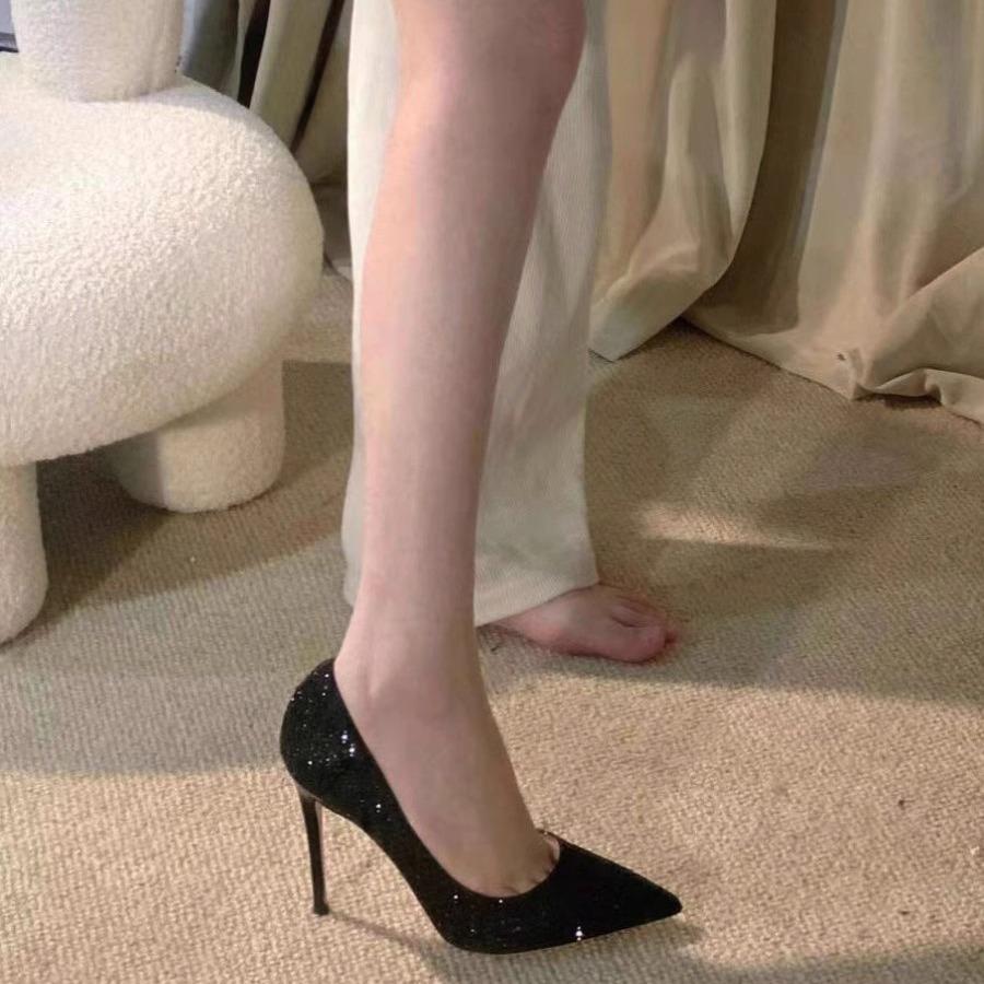 2024 nové super špičaté vysoké podpatky s červenou podrážkou dámské flitrované boty na profesionální přehlídkové molo