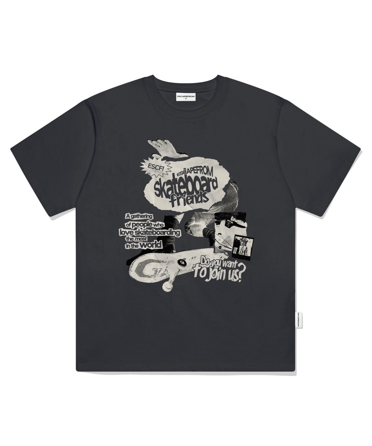 Escape From Skateboarder Friends Print Oversized Short Sleeve T-Shirt Charcoal M