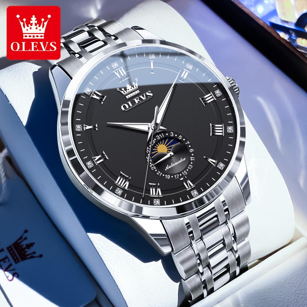 OLEVS 7063 Moon Phase Automatic Mechanical Men's Watches Stainless Steel 30M Waterproof Luminous Watch Original Luxury Man Watch