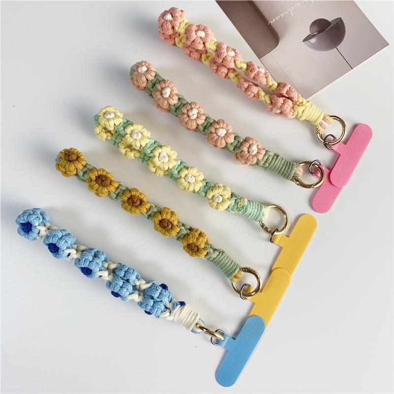 Hand Weave Flowers Wrist Lanyard For Mobile Phone Wristlet Keychain Hanging Strap Keyring Floral Daisy Floral Phone Rope