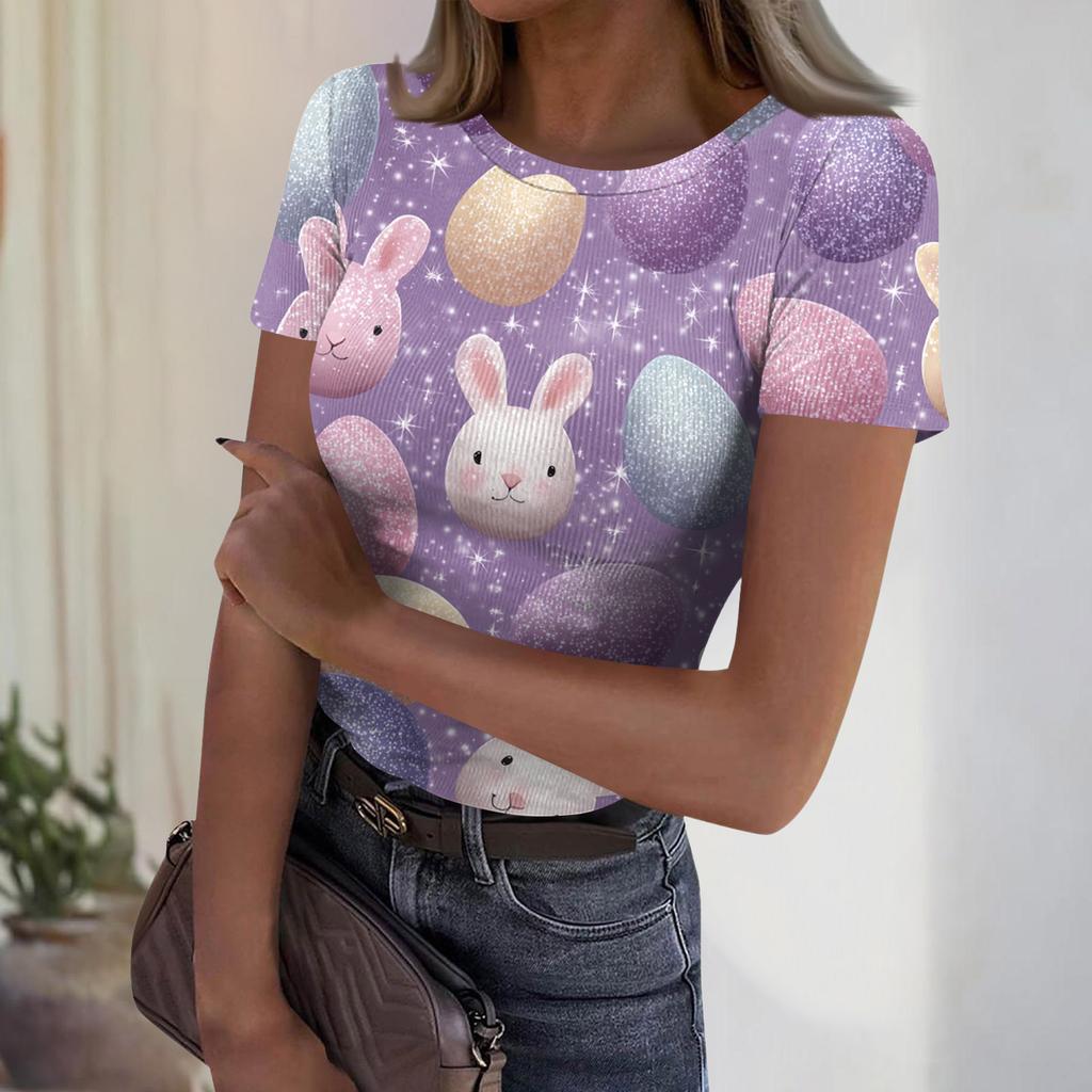 Women's Casual Fashion Round Neck Easter Print Short Sleeve Ribbed Top