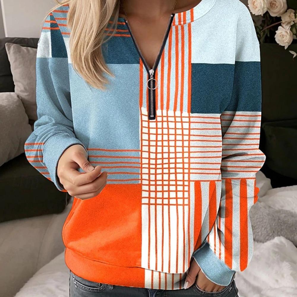 Checkered Splicing European and American New Women's Printed V-neck Semi-zipper Long-sleeved Pullover Loose Sweatshirt