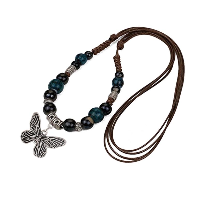 

Vintage Rope Handmade Natural Stone Beads Butterfly Pendant Necklace For Women Sweater Chain Aesthetic Jewelry Gift 1