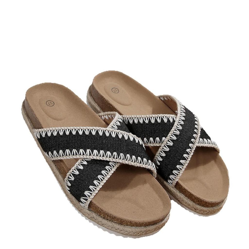 Women's Cross-Strap Thick-Soled Sandals - Summer 2026, Fabric Surface, Flat-Soled Beach Slippers for Outdoor Wear.