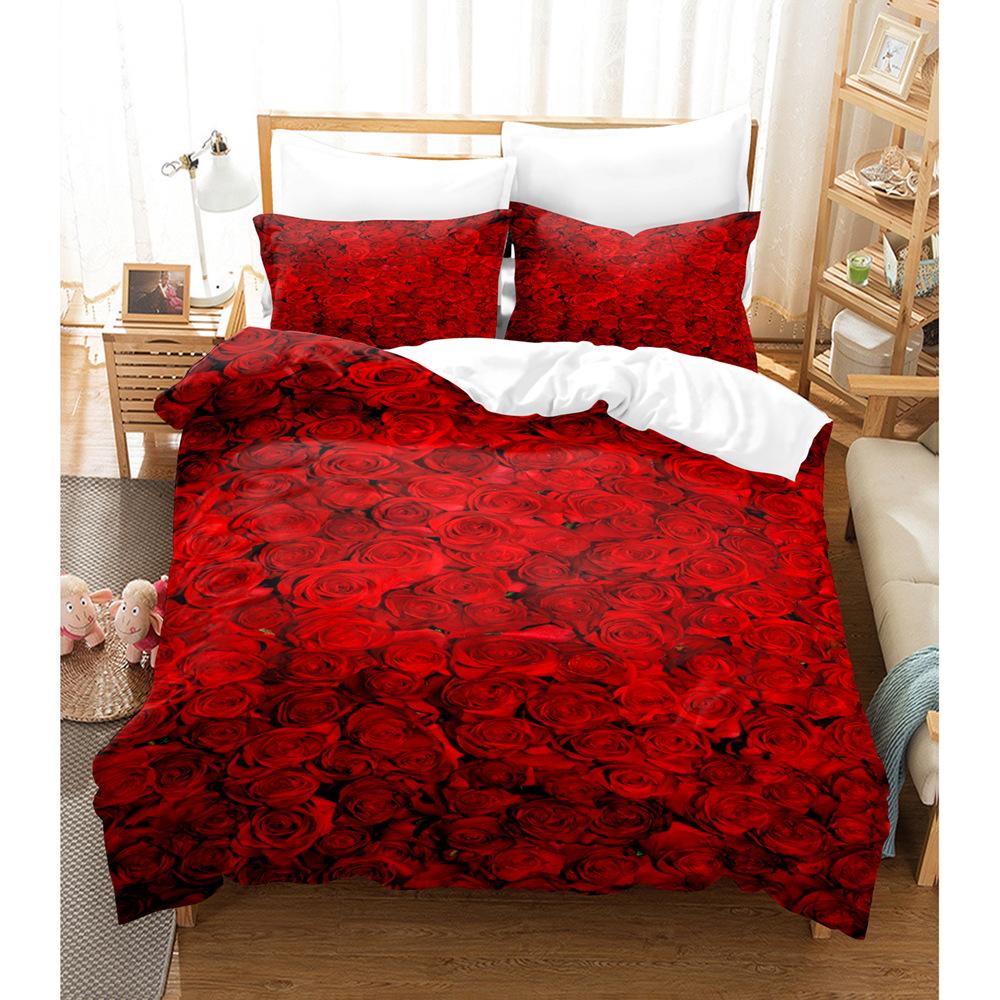3D Digital Printing Three-Piece Quilt Cover Pillowcase Bed Sheet Quilt Cover Rose Bedding