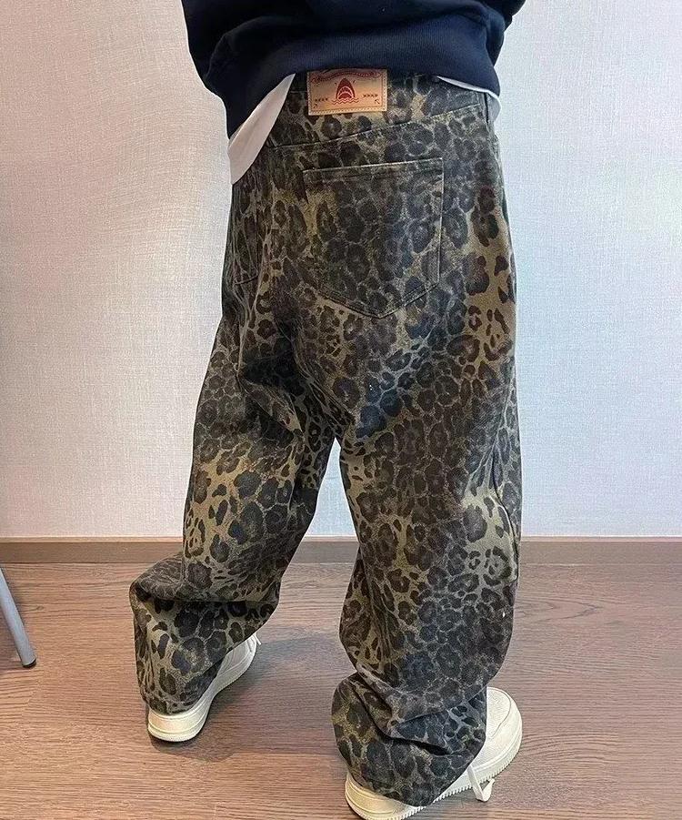 Unisex Tan Leopard Jeans Denim Pants Women Oversize Wide Leg Trousers Streetwear Hip Hop Vintage Loose Casual Animal Print