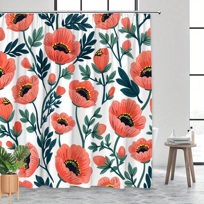 1 pc Red Poppy Shower Curtain - Polyester Fabric, Machine Washable, With Hooks, Suitable for Bathroom Decoration