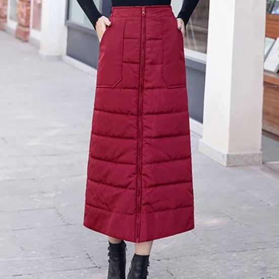 Women Skirt High Waist Solid Color Zipper Closure Midi Skirt with Side Pockets Thickened Warm A-Line Quilted Texture Skirt