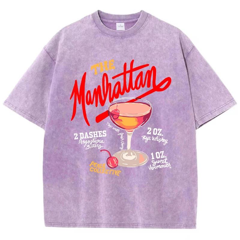 Oversized Women Washed T-Shirts The Manhattan Cherry Cocktail Printed Tee Shirts Distressed Crewneck Cotton Tees Clothes