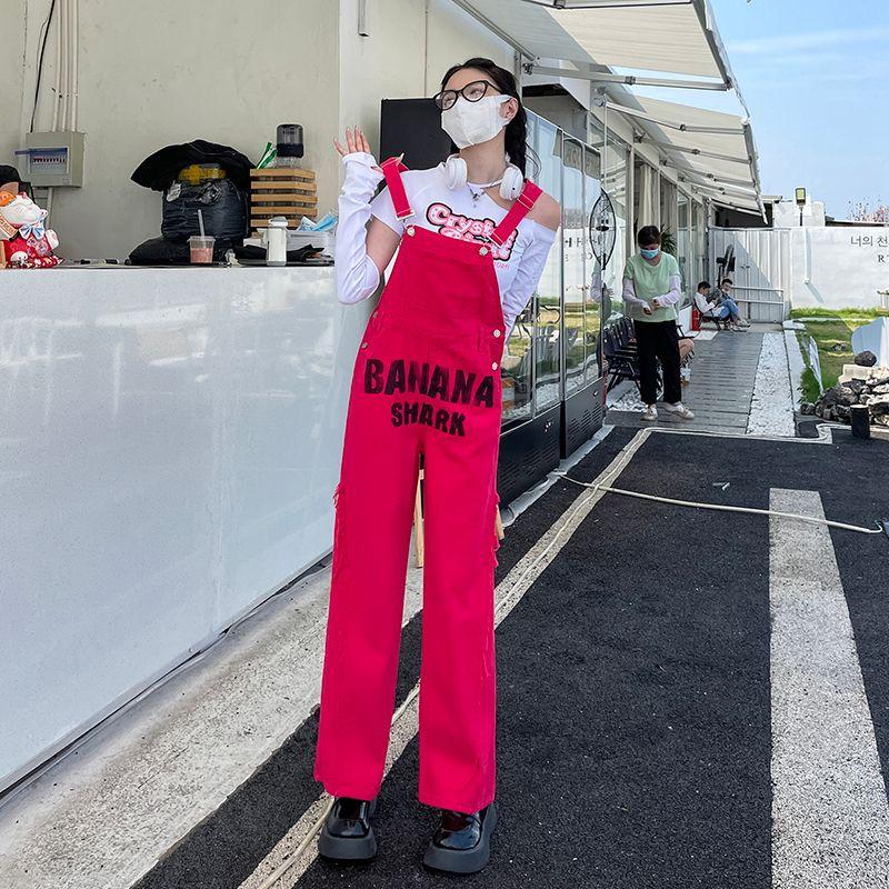 

National Fashion Rose Red Denim Overalls Spring New Women Thin Retro High Street Design Sense Niche Straight Jumpsuit Rose Red XL