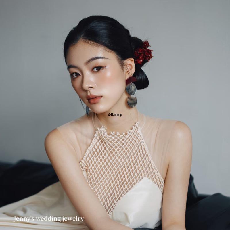 Handmade Chinese-Style Bridal Earrings: Ancient-Inspired Studs for Weddings & Photography