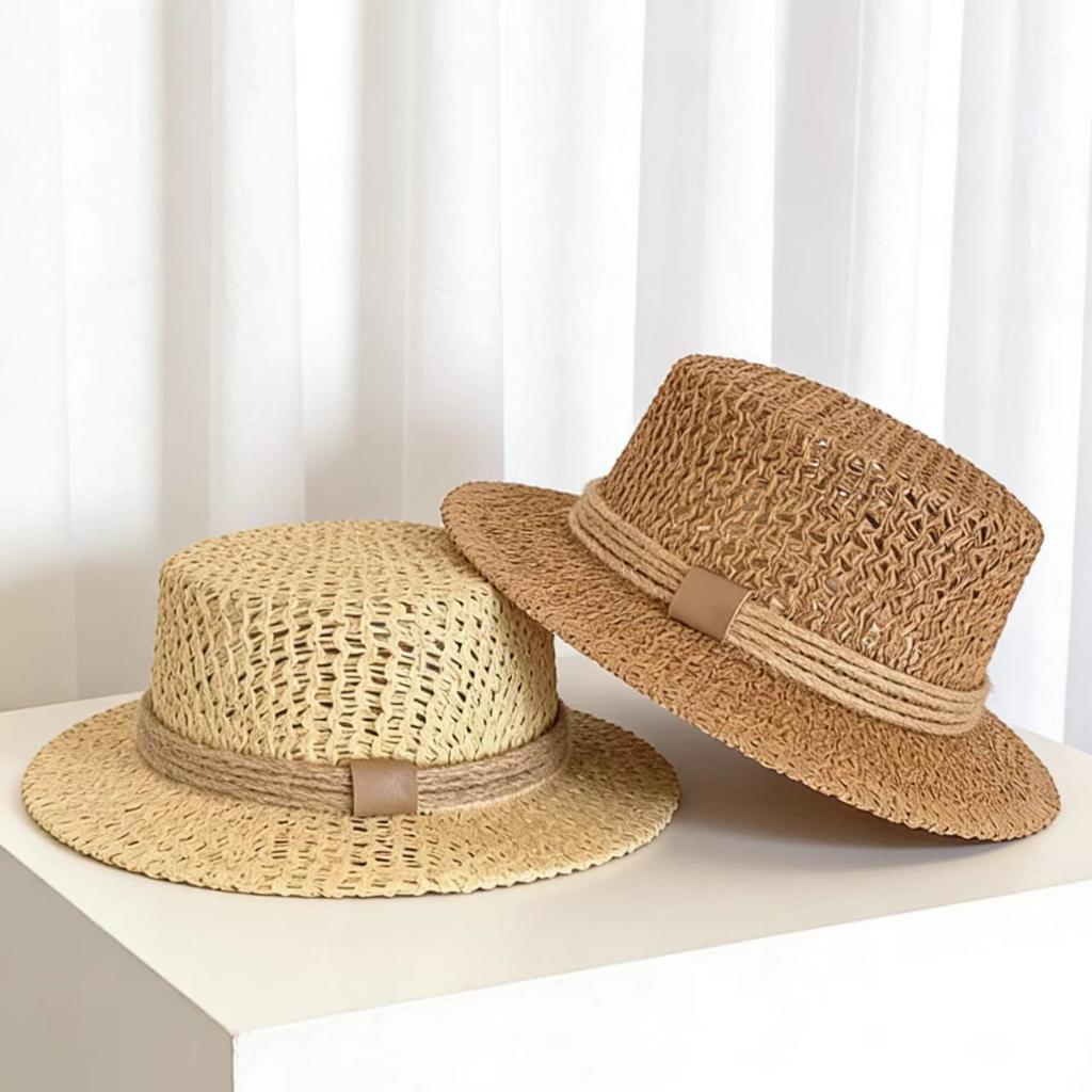 Old money wind hollow flat brim straw hat women's summer seaside beach vacation top hat UV protection shade sun protection hat