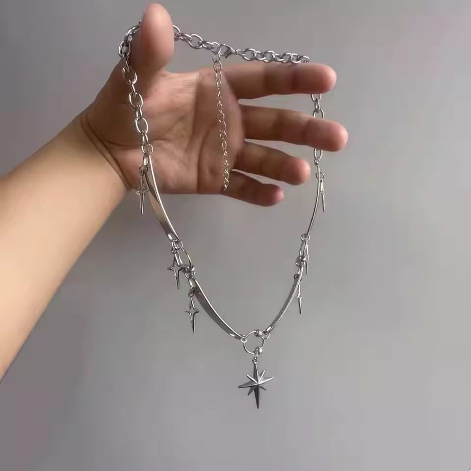 Punk Rock Silver Color Cross Star Pendent Metal Chain Choker Necklaces Accessories For Women Man Y2K Personalized Grunge Jewelry