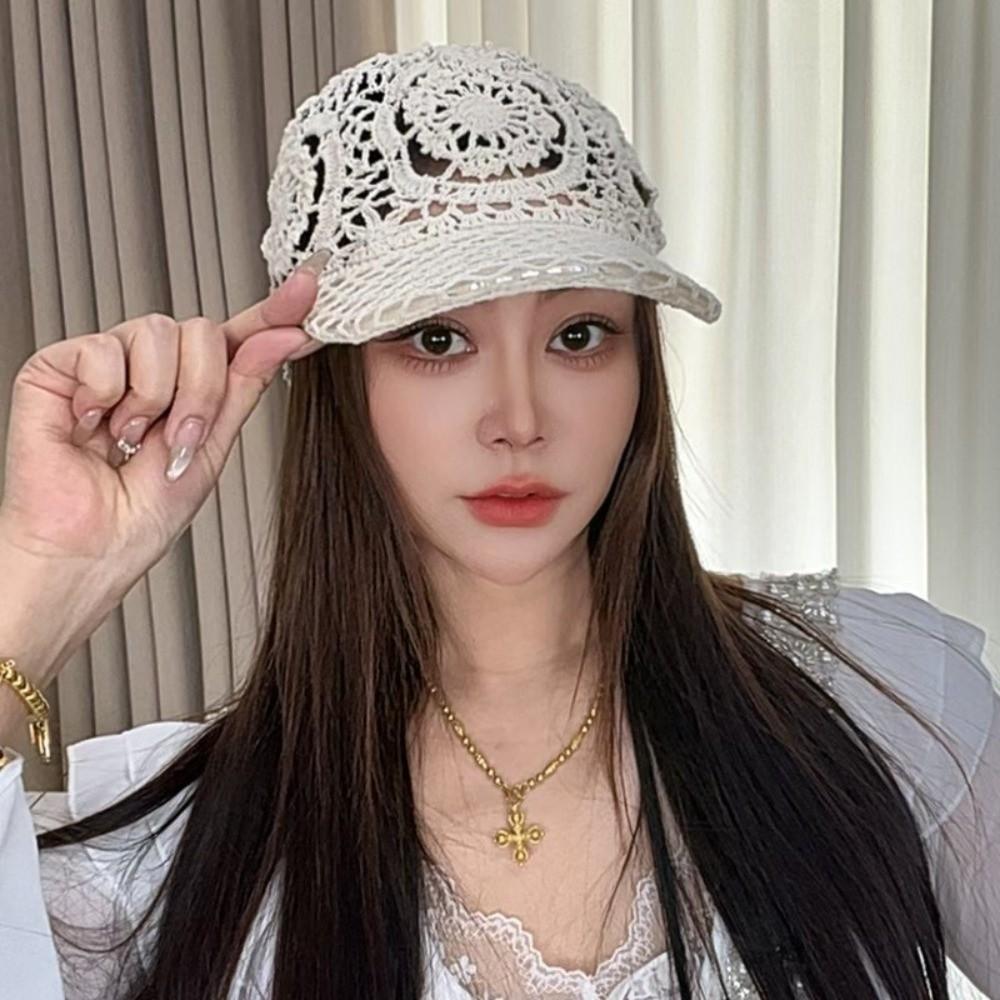 Fashion Adjustable Crochet Baseball Cap Floral Lace Polyester Sun Hat Lightweight Openwork Mesh Peaked Cap Sun Protection