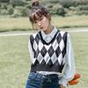 Svetr Vesta pro ženy Výstřih do V Volný střih pulovry Pletená vesta Preppy Style Argyle podzimní pletené zboží bez rukávů