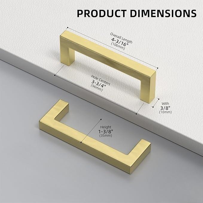 2 pcs Brushed Gold Cabinet Handles Stainless Steel Square Bar Pulls for Kitchen Bathroom Cupboard