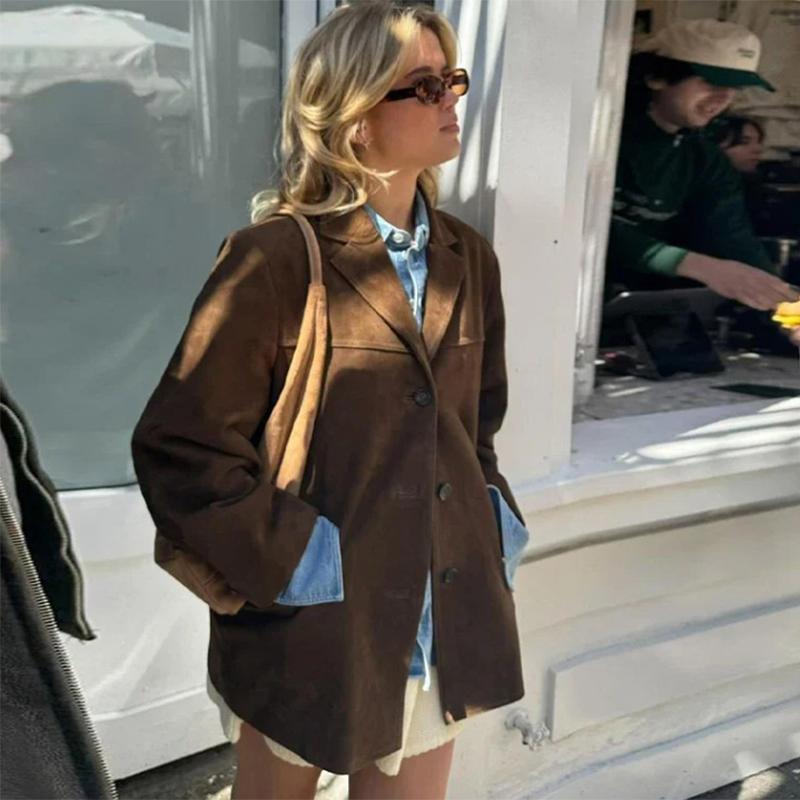 Jachetă de piele de căprioară vintage pentru femei cu rever cu buzunar paltoane pentru femei Hight Street Casual modă cardigan cu mânecă lungă toamnă iarnă jachete de bază maro