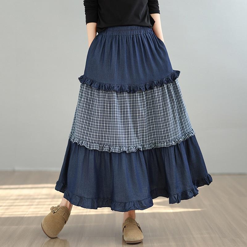 Denim Plus Size High Waist Vintage Patchwork Spring Summer Autumn Casual Loose Long Woman Skirt