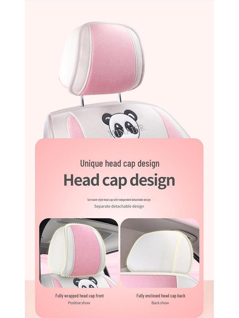 Universal Linen Cartoon Panda Car Seat Cushion Set for All-Season