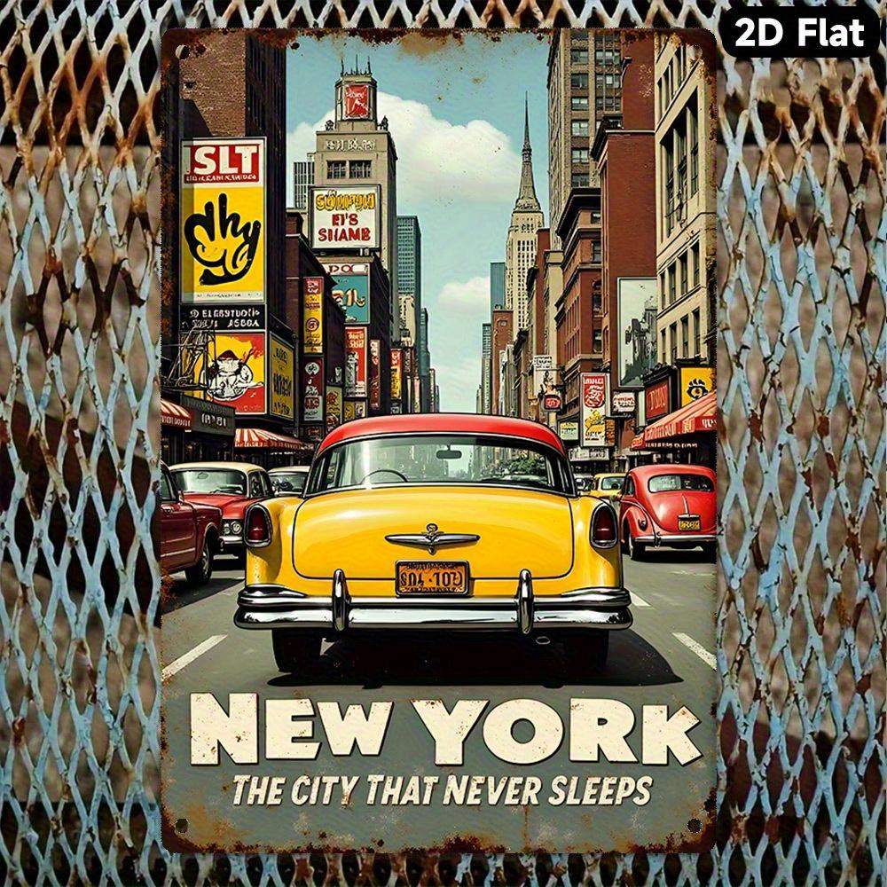 

New York City That Never Sleeps Tin Sign Vintage Metal Wall Art with Times Square Empire State Building Retro Art Deco Des 20x30cm（7.8x11.8inch）