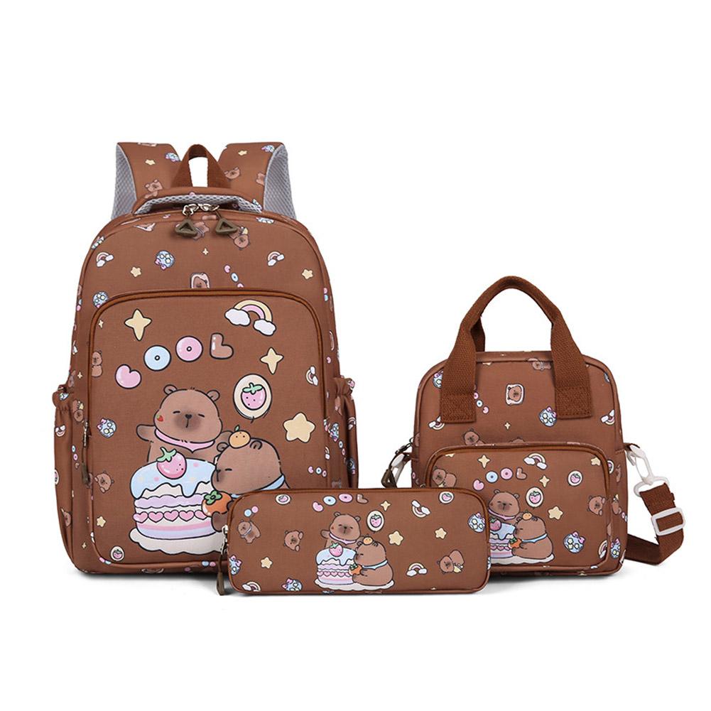 3Pcs/Set Kawaii Capybara Backpack Large Capacity Cartoon Teenager Fashion Nylon Lightweight Rucksack Set