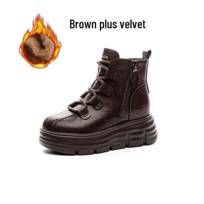 Autumn/Winter Thick-Soled Hidden Heel 8cm Side Zipper Versatile Women's Leather Martin Boots