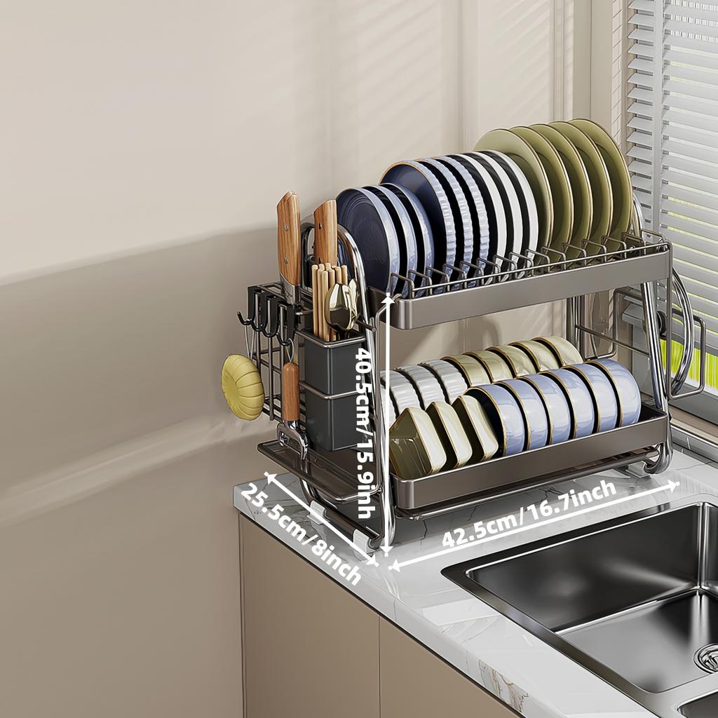 For Dish rack, Stainless steel dish drainer, Multi-functional 2-tier dish drying rack with draining tray, utensil holder, hooks