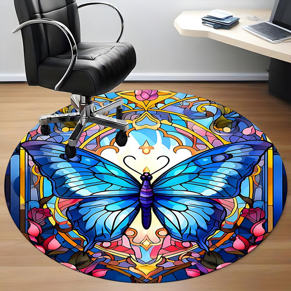 1pc Butterfly StainedGlass Office Round Area Rug, Under Office Chairs Bedroom Living Room Home Decor, Room Deco