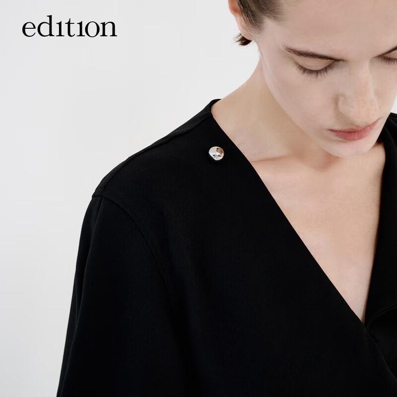 Edition French Puff Sleeve Tie-Waist Acetate V-Neck Little Black Dress