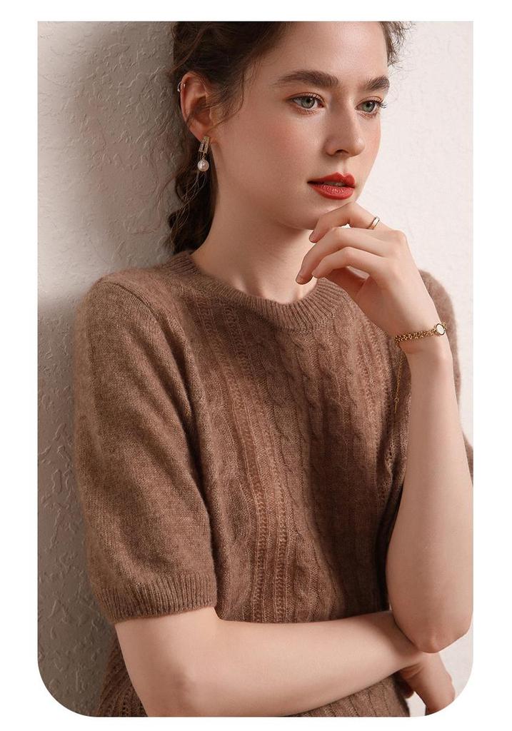Le Kasha 2026 Autumn/Winter Women's Cashmere Cable Knit Short Sleeve Sweater - Skin-Friendly, Round Neck, Versatile, Thick.