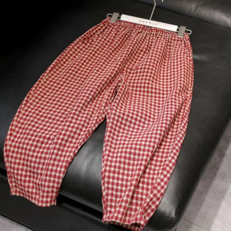 Женские повседневные укороченные брюки в клетку гингем, черный, бежевый, с эластичной талией L красный