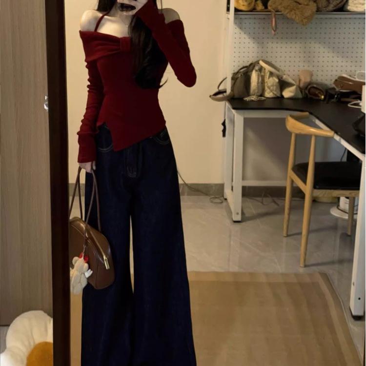 Elegant Red One-Shoulder Bow Long-Sleeve Women's Slim Fit Top - Perfect for Autumn/Winter