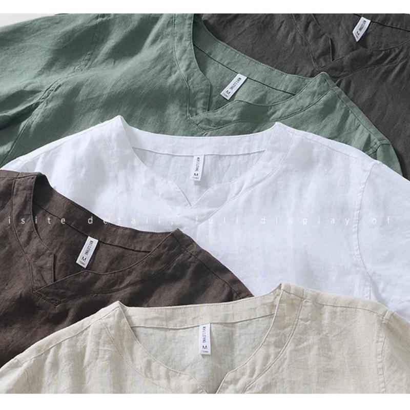 Summer 100% Natural Linens Tees Men Chinese Style Retro Clothes Solid Color Stand Collar V-Neck Short Sleeves Tops&T-shirts Casual Breathable Tshirt