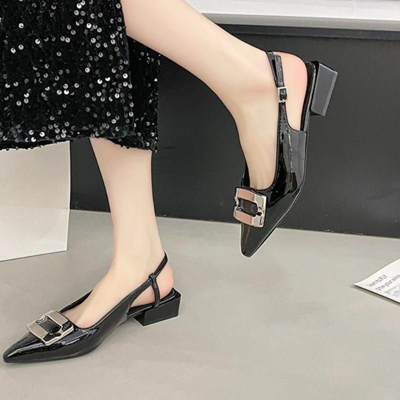 

Pointed Toe Square Buckle Low Heel Baotou Sandals Women s New Versatile Block Heel Patent Leather Back Empty Single Shoes 35 чёрный