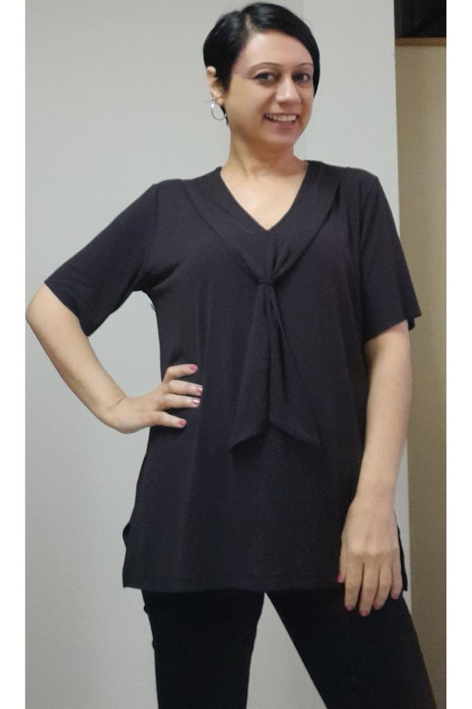 Damen Stil Große Größe T-Shirt Schwarz Schalkragen Kurzarm Gekämmte Viskose T-Shirt