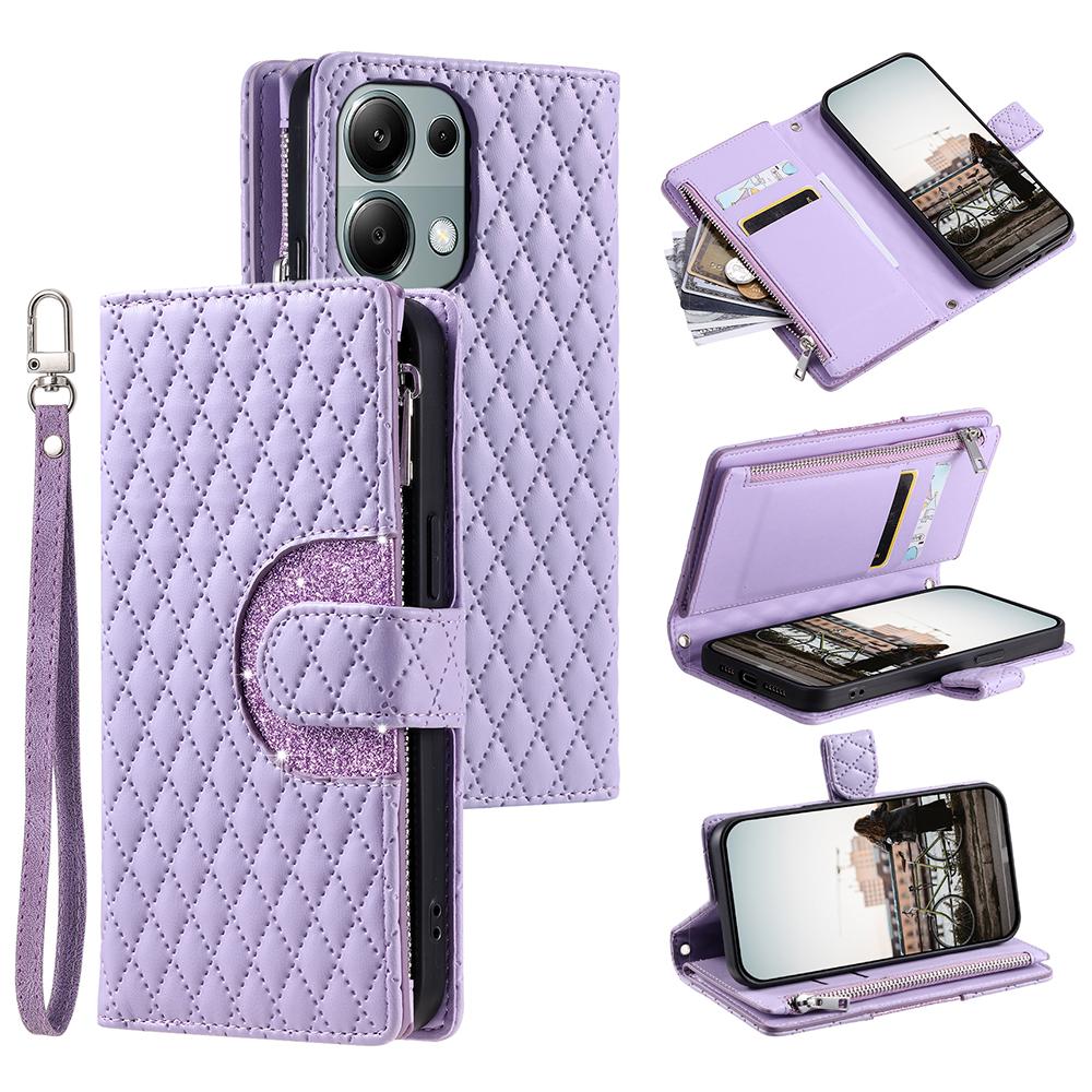 

Style 012 for Xiaomi Redmi Note 13 Pro 4G/Poco M6 Pro 4G Zipper Wallet Cover Rhombus PU Stand Phone Case Purple