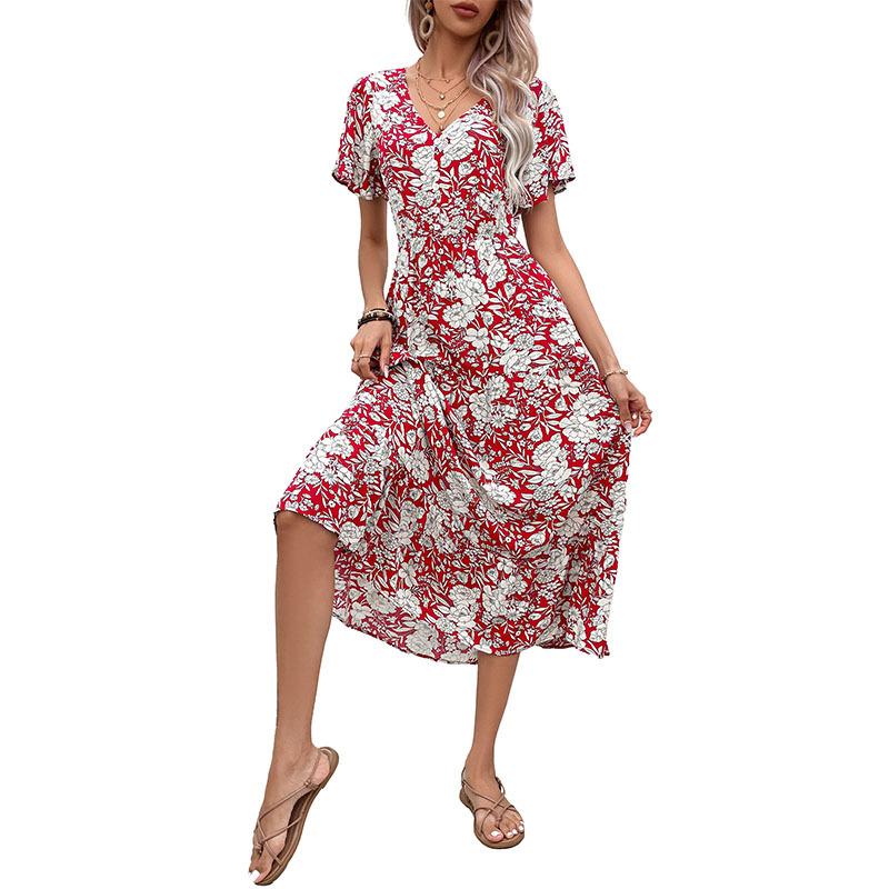 Summer New Holiday Sweet Pastoral V-neck Floral Print Dress