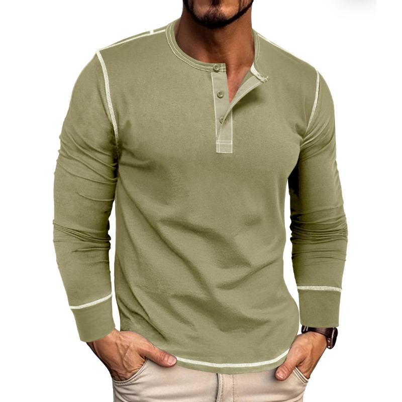 Autumn and Winter Solid Color Long-sleeved Henry Shirt Men's Round Neck T-shirt Color-blocking Top Simple Casual T-shirt