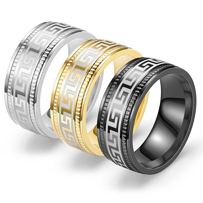 Anello con Motivo a Greca Vintage per Donne Uomini Acciaio Inossidabile Placcato Oro Banda da 8 Mm Anti-appannamento per Uso Quotidiano
