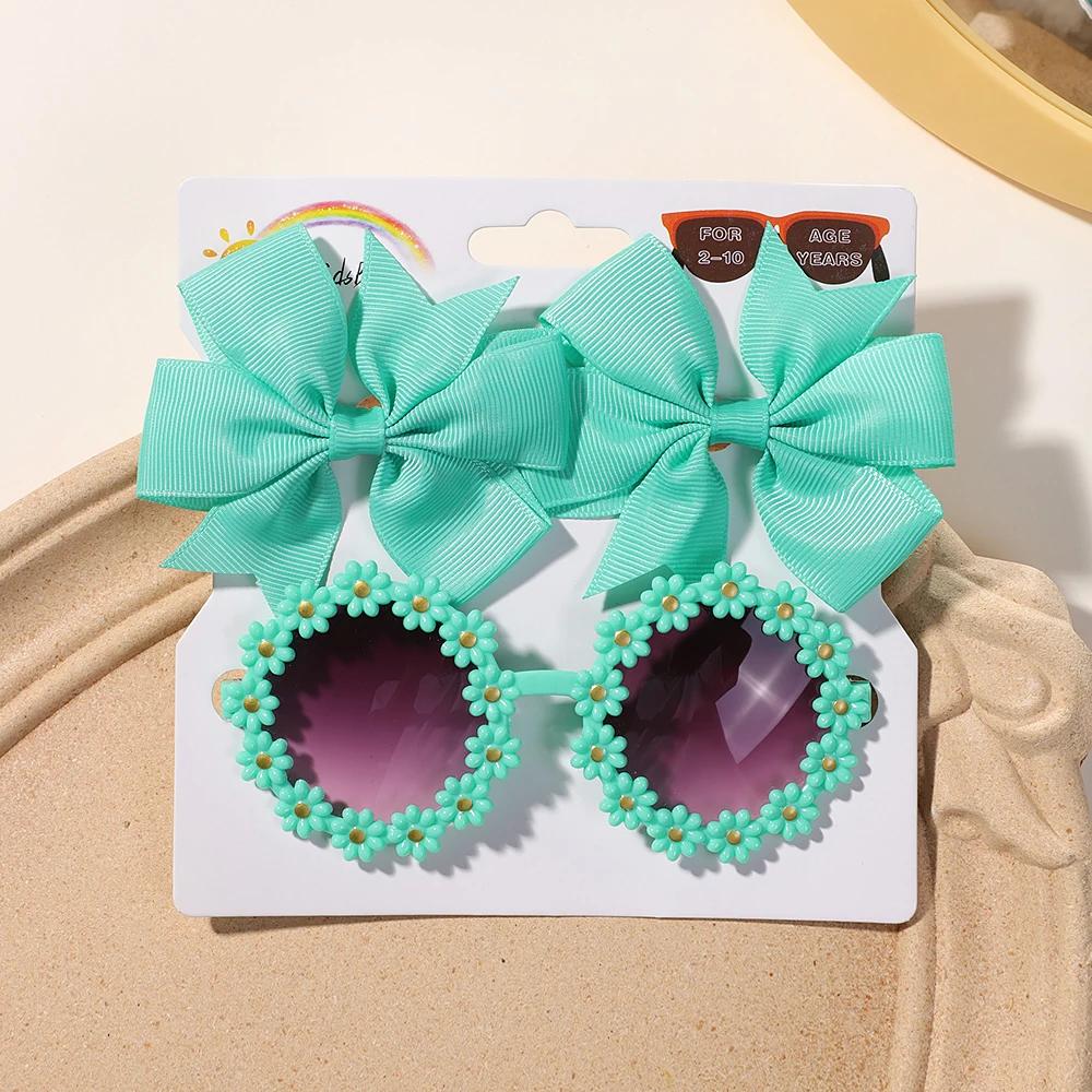 3Pcs/set Cute Girl Bow Hairclips Retro Flower Sunglasses for Kids Printing Handmade Hairgripes Kids Headwear Glasses Accessories