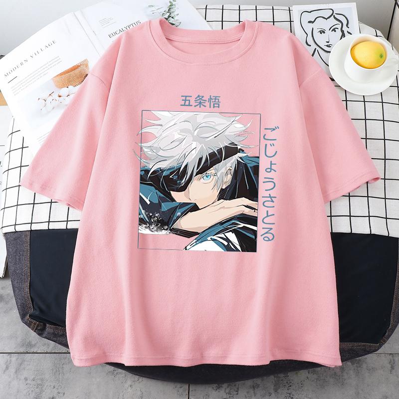 

Jujutsu Kaisen Anime Gojo Satoru Print T-Shirt Women Casual Brand Top 2022 Summer Short Sleeve Loose Soft Womens Tshirt XS рожевий