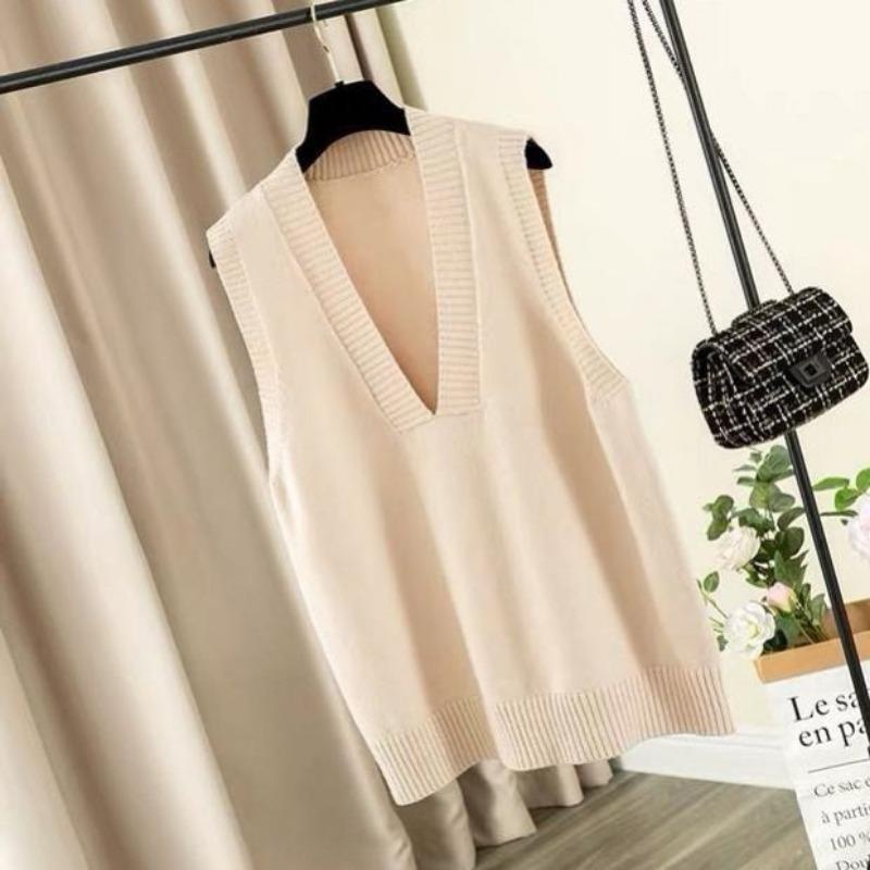 

Весенний свитер без рукавов, вязаный жилет, однотонное женское издание, повседневный свободный и универсальный свитер на бретельках с v-образным вырезом, пуловер, топ для женщин One Size бежевый