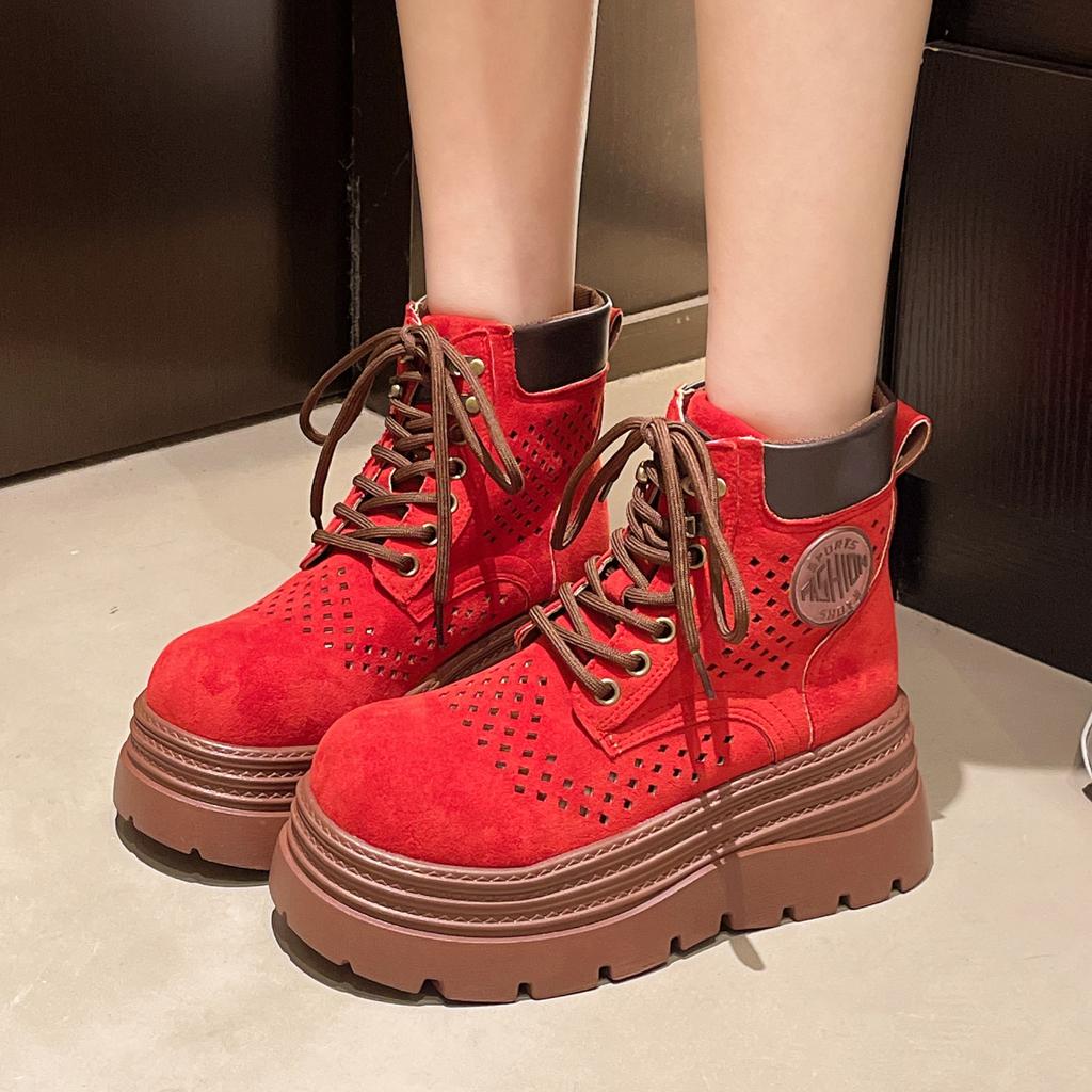 Dicksohlige hohle atmungsaktive kurze Stiefel Rhabarberstiefel Damen 2025 Sommer neu vielseitig Internet-Berühmtheit Explosion Schnür-Martin-Stiefel