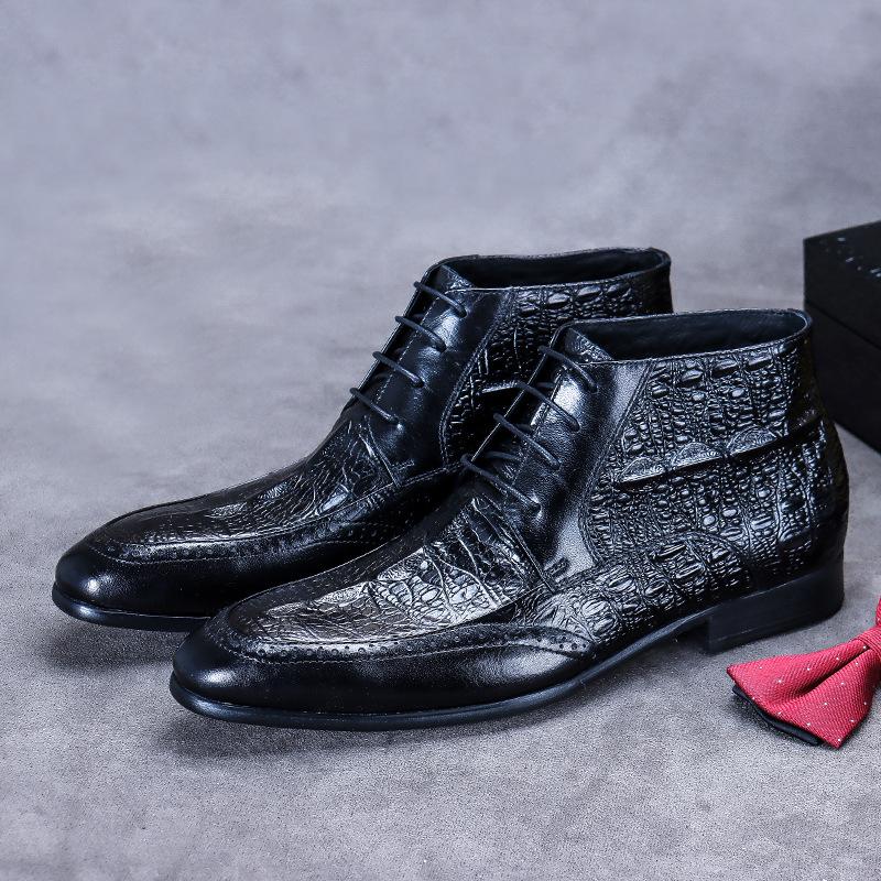 New Men's Formal Boots Men's Ankle Business Black Brown Pointed Toe Shoes Crocodile Pattern Genuine Leather Classic Boots Men